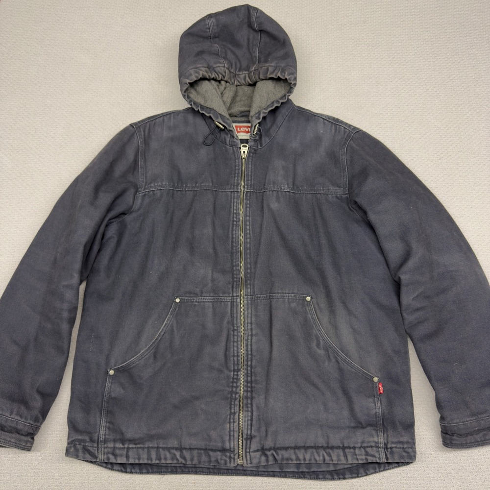 Levis Jacket Mens Large Blue Canvas Hooded Workwear Jersey Lined Full Zip Y2k
